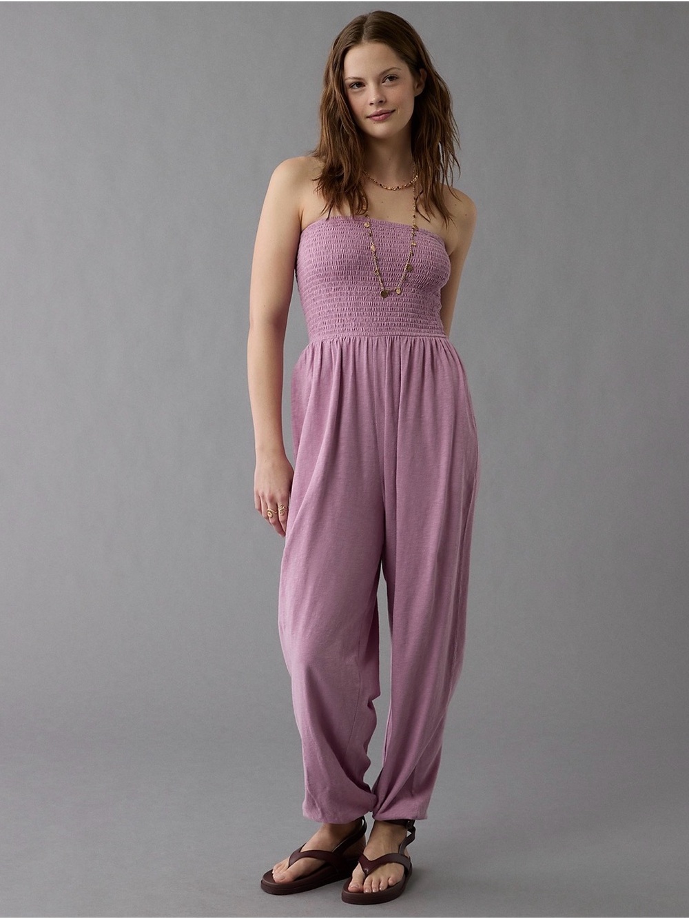 American Eagle Outfitters Strapless Smocked Jumpsuit in Mauve